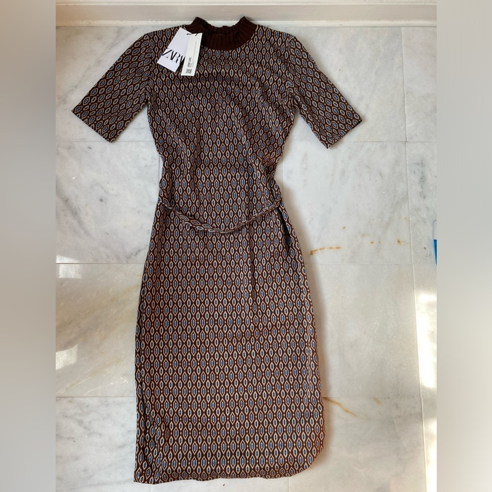 Zara Brown/Gray/Blue Jacquard Midi Dress - Size Small